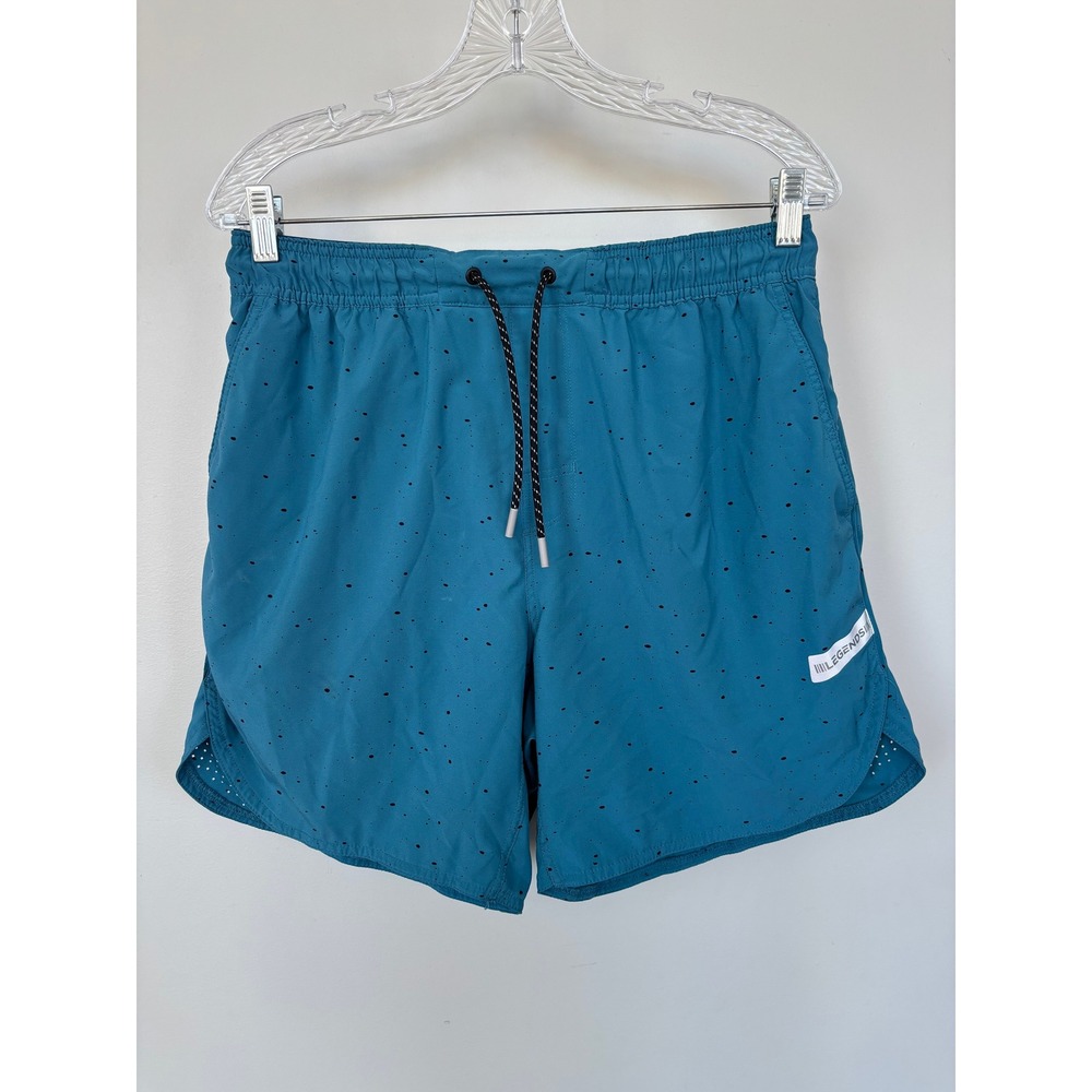 Legends Relay Shorts Mens Large Teal Blue Splatter Lined 7 Inch Inseam Running